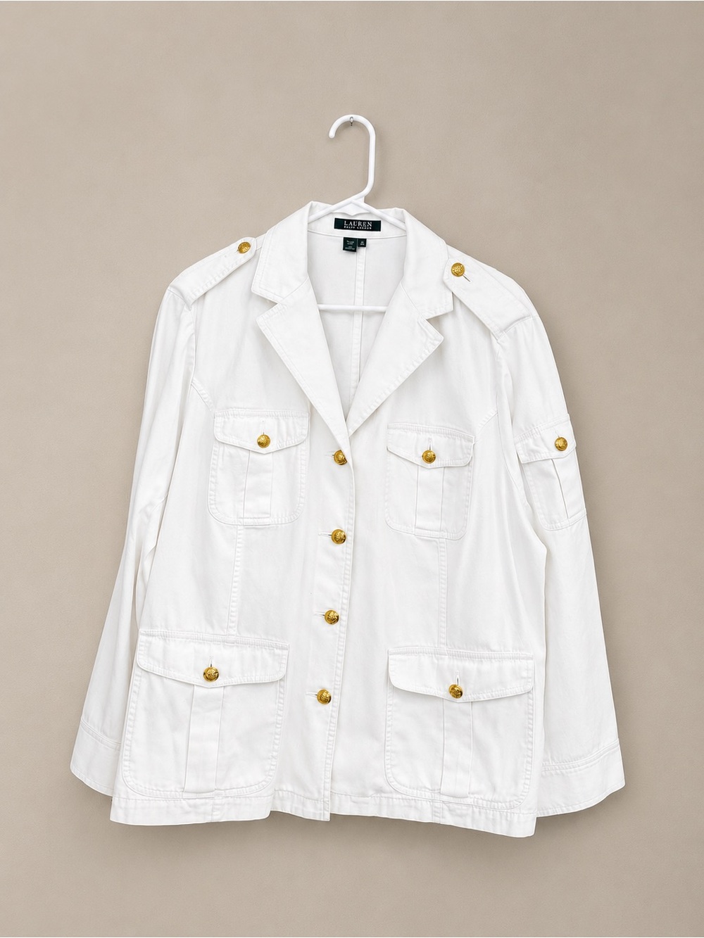 Lauren Ralph Lauren White Utility Safari Jacket Gold Crest Buttons 3X